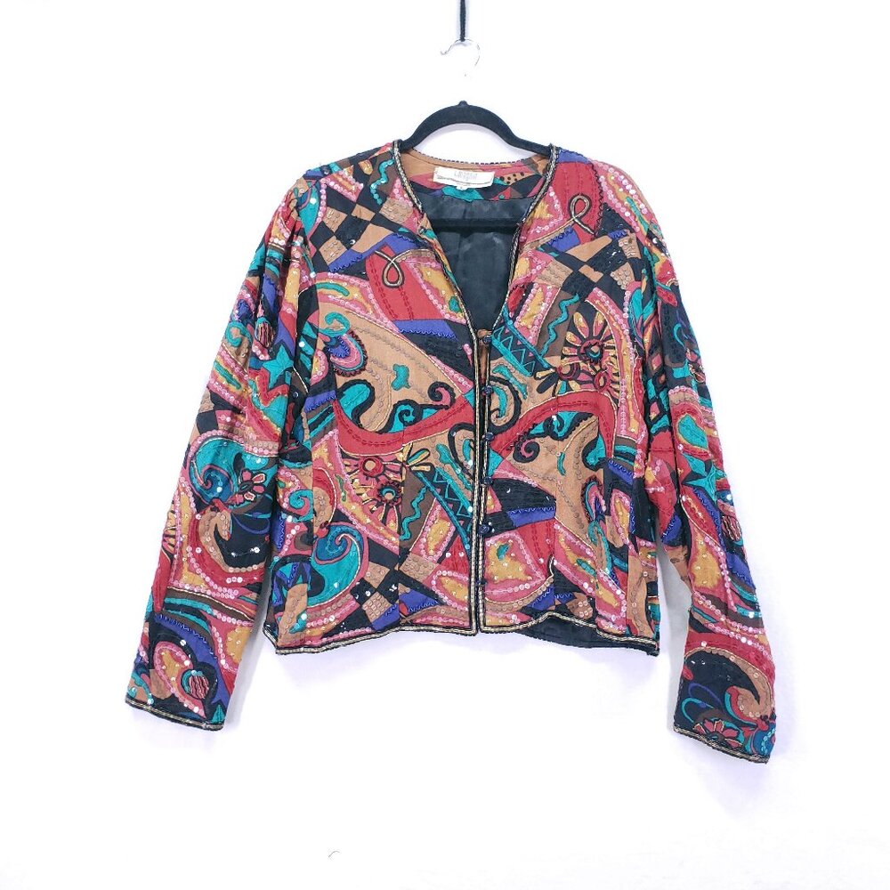 Vintage I. Magnin Judith Ann Silk Colorful Sequin Bold Print Blazer Jacket L